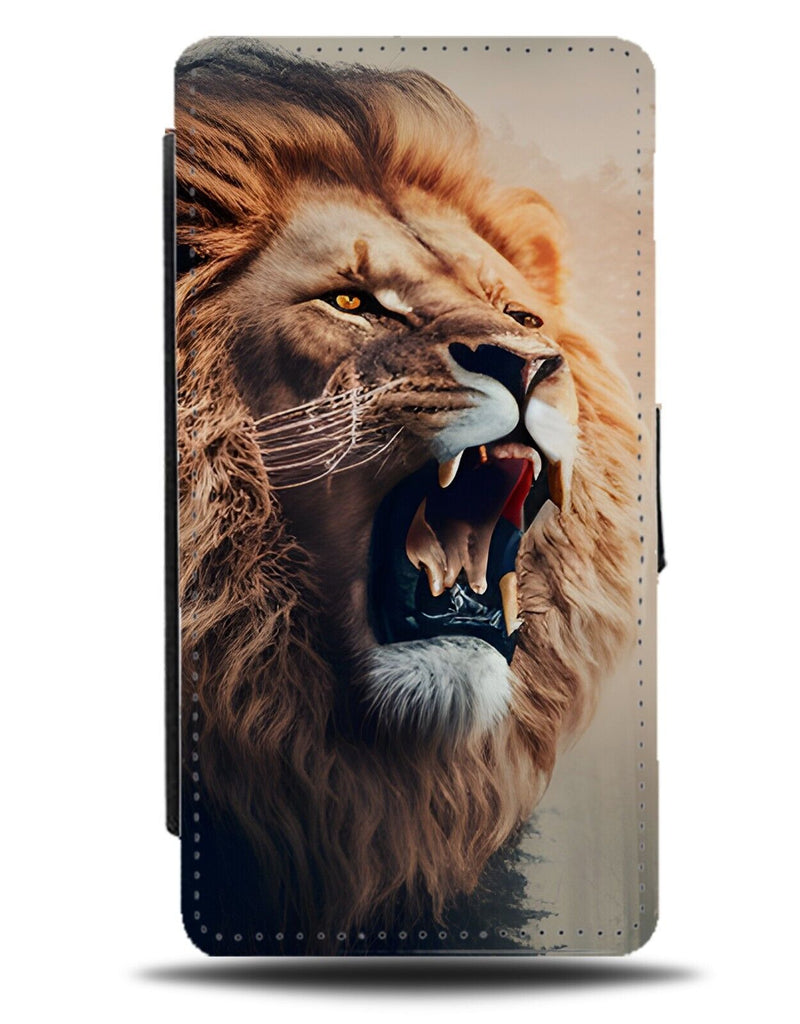 Roaring Lions Face Flip Wallet Case Roar Lion Growl Angry Scary Head Male AW01