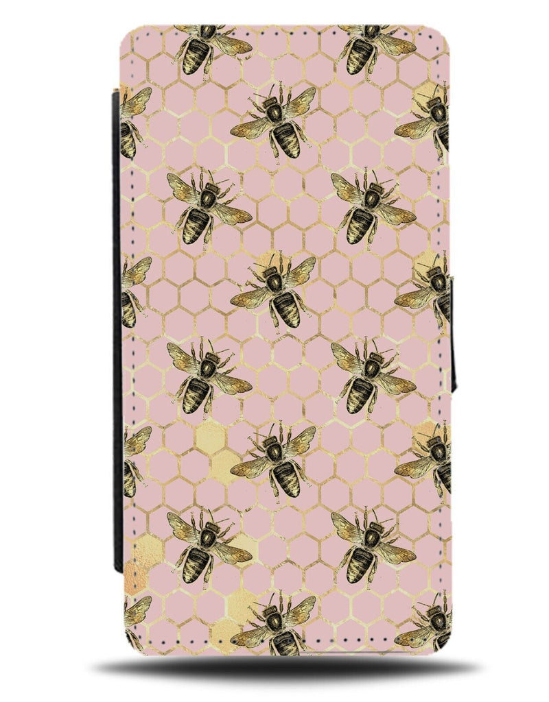 Pink and Gold Wasps Flip Wallet Case Bee Honeycomb Shapes Golden Colours AJ02