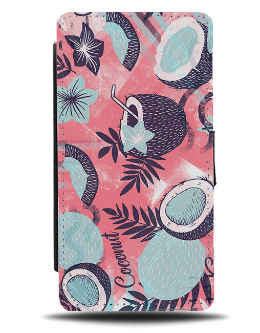 Pink Tropical Coconuts and Leaves Flip Wallet Case Cartoon Coconut Cocktail E552