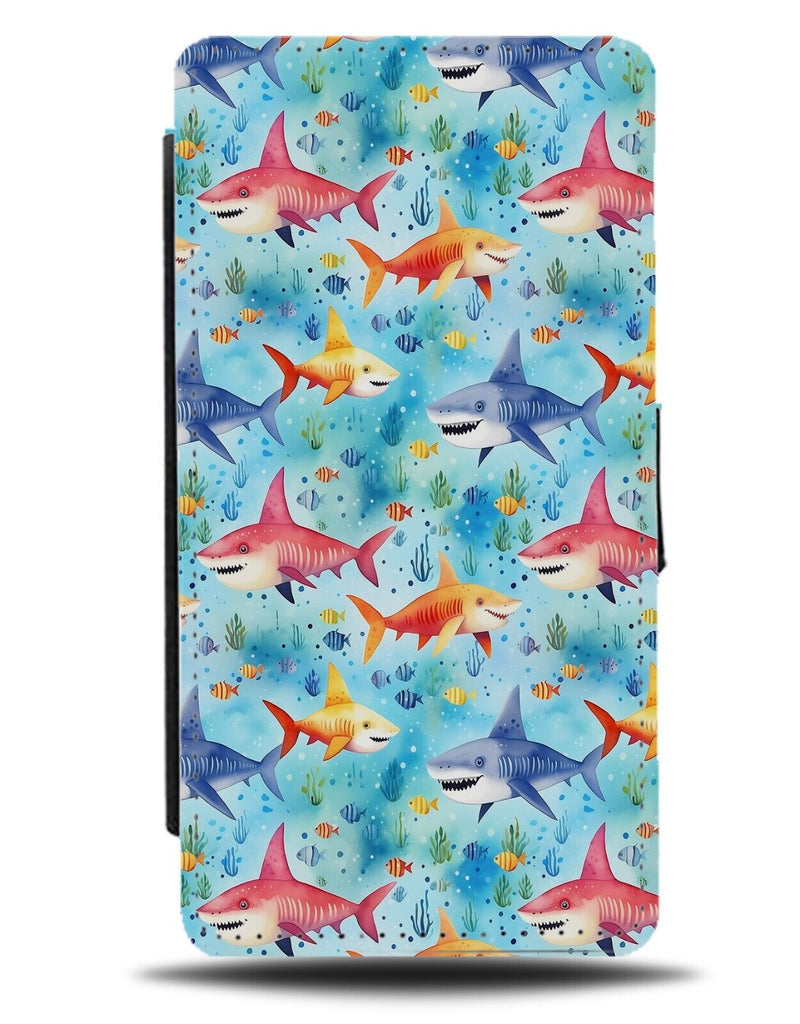 Children's Watercolour Sharks Flip Wallet Case Colourful Multicolour Shark BZ20