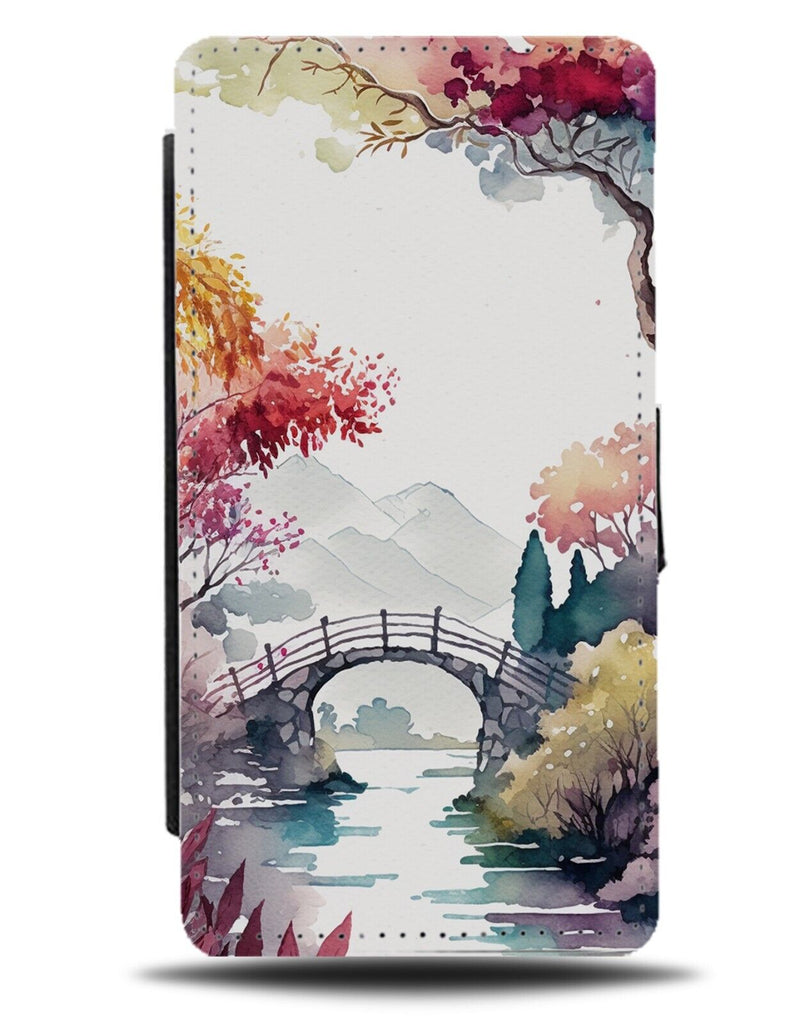 Watercolour Nature Gardens Flip Wallet Case Garden Bridge Autumn Trees Tees BC94
