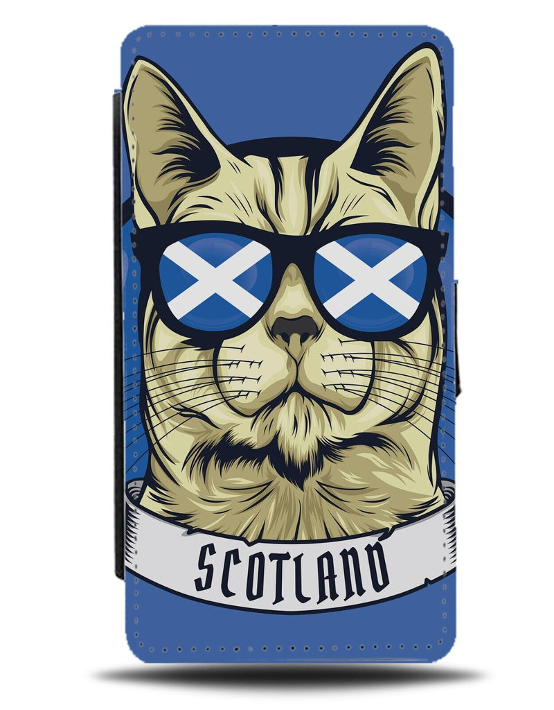 Funny Scottish Cat Flip Wallet Case Tourist Scotland Flag Sunglasses Blue CC44