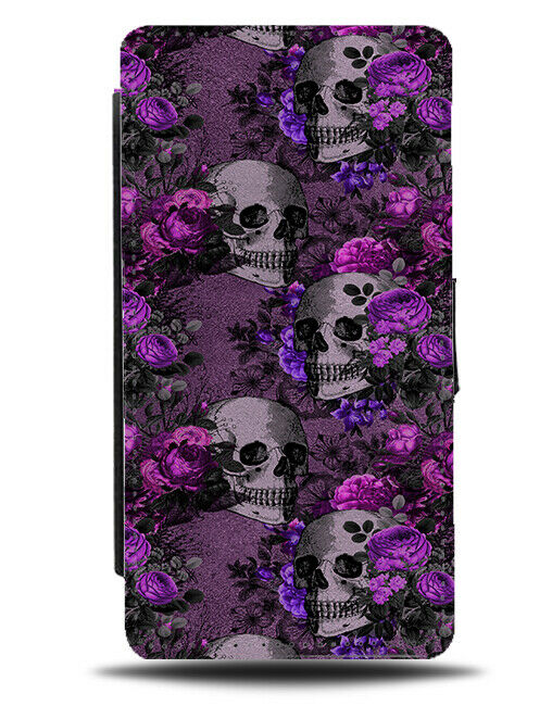 Gothic Floral Skull Flip Wallet Case Skulls Skeleton Faces Flowers Purple G065