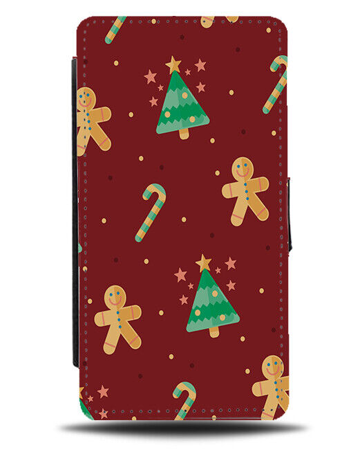 Maroon Coloured Christmas Pattern Flip Wallet Case Festive Gingerbread Men N933