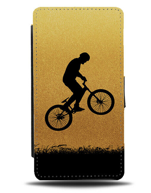 BMX Silhouette Flip Cover Wallet Phone Case BMXer Bike Wheels Gold Golden i586