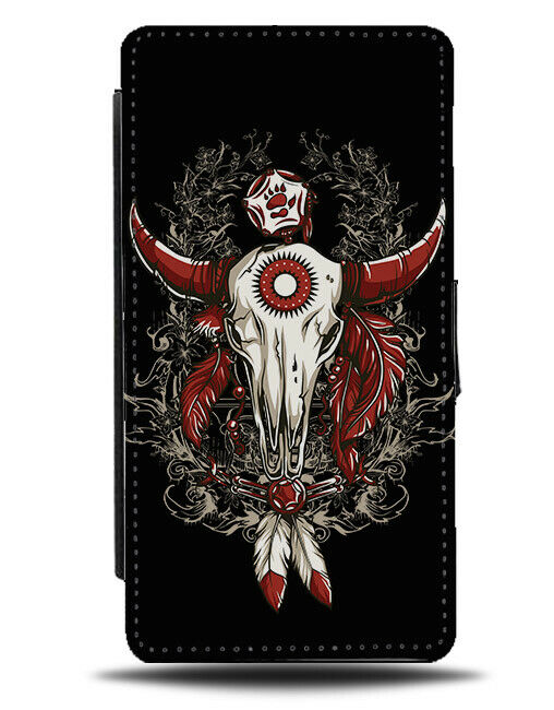 Gothic Cowboy Skull Flip Wallet Phone Case Bull Head Horns Tribal Indian E258