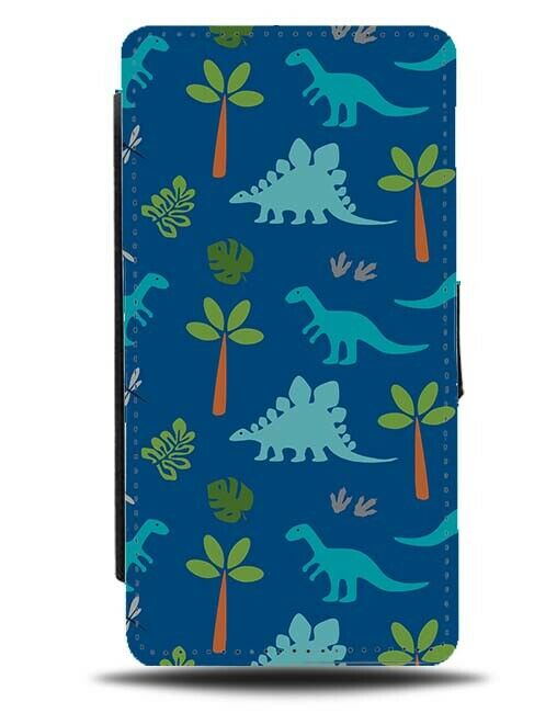 Navy Blue Dinosaur Flip Wallet Case Dinosaurs Pattern Toys Palm Tree F595