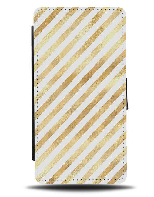 White and Gold Stripes Flip Wallet Case Striped Shiny Golden Print Effect G249