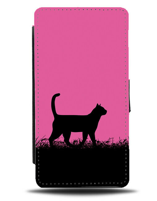 Cat Silhouette Flip Cover Wallet Phone Case Cats Hot Pink Black Coloured I016