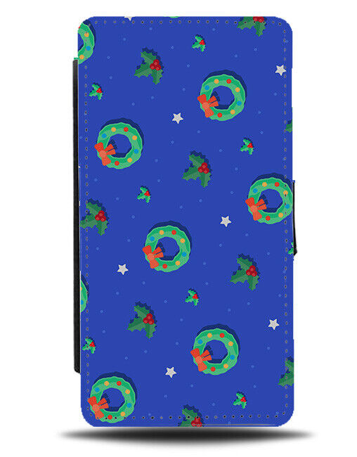 Blue Christmas Wreath Flip Wallet Case Wreaths Pattern Xmas Style Picture N703