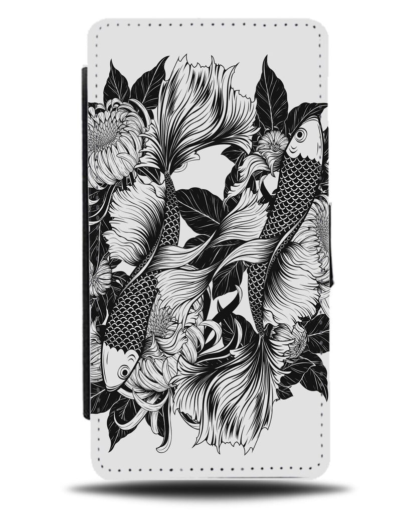 Black and White Kois Fish Flip Wallet Case Vintage Simplistic Japanese Syle AV44