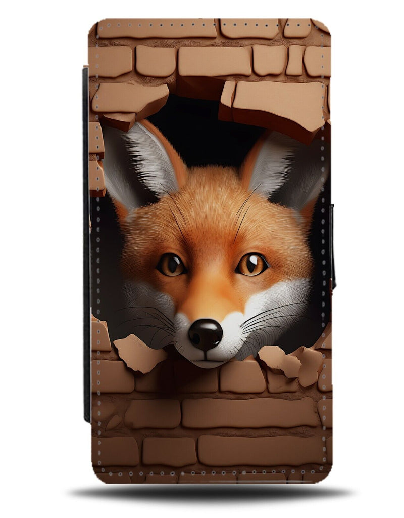 Funny Red Fox Flip Wallet Case Sly Foxes Face Through Broken Wall 3D Effect CV67
