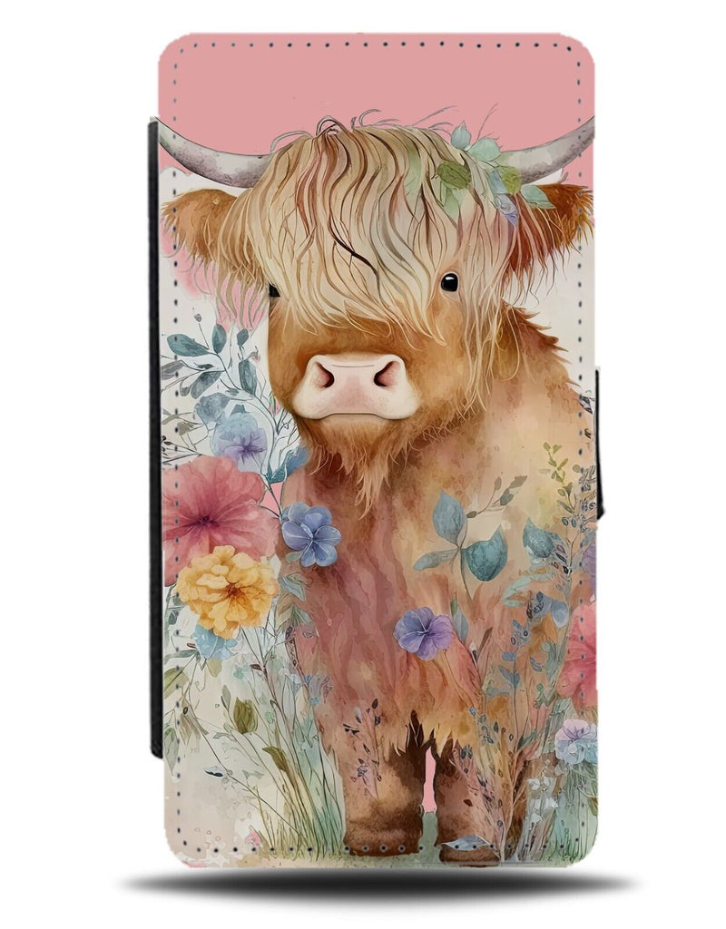 Highland Cow Flip Wallet Case Flowers Scottish High Land Cattle Cows Pink AT31