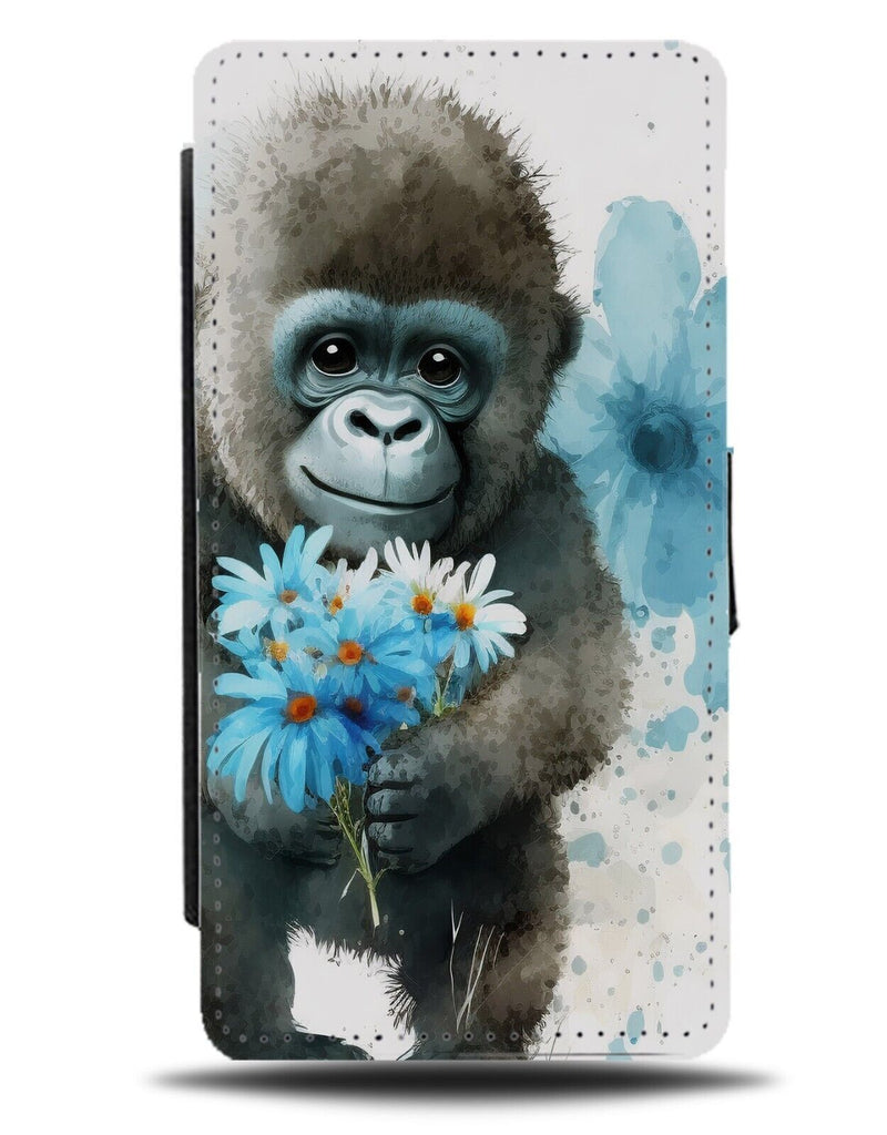 Baby Gorilla Watercolour Flip Wallet Case Gorillas Monkey Apes Blue Flowers BF36