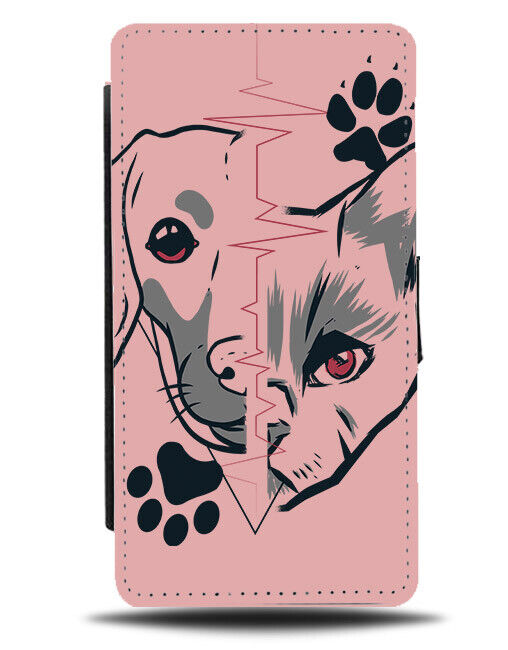 Cat Dog Flip Wallet Case Cats Dogs Face Kitten Puppy Heartbeat Pulse Line N386