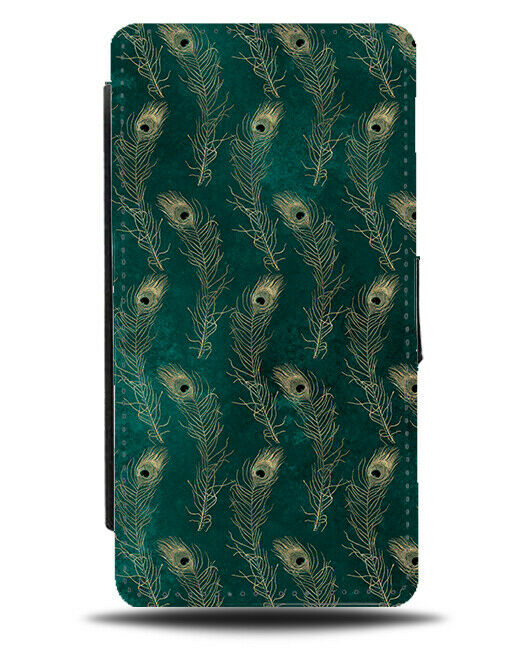 Peacock Feathers Flip Wallet Case Gold and Green Colours Coloured L010