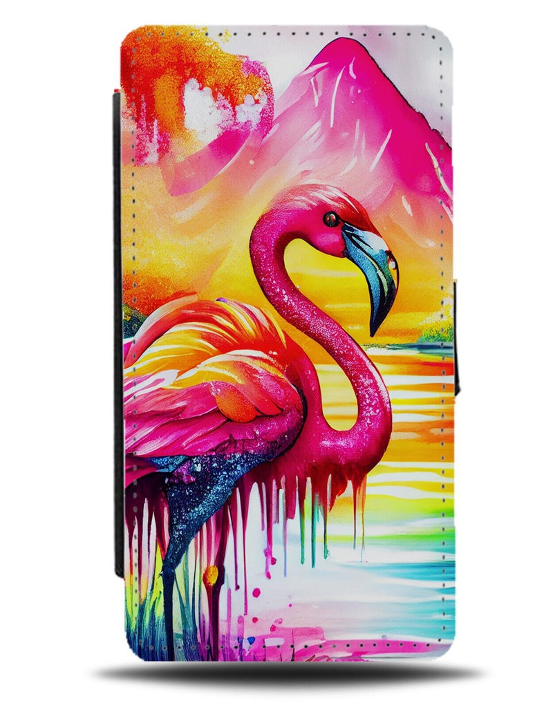 Colourful Dripping Watercolour Painting Flamingo Print Flip Wallet Case Oil AN66