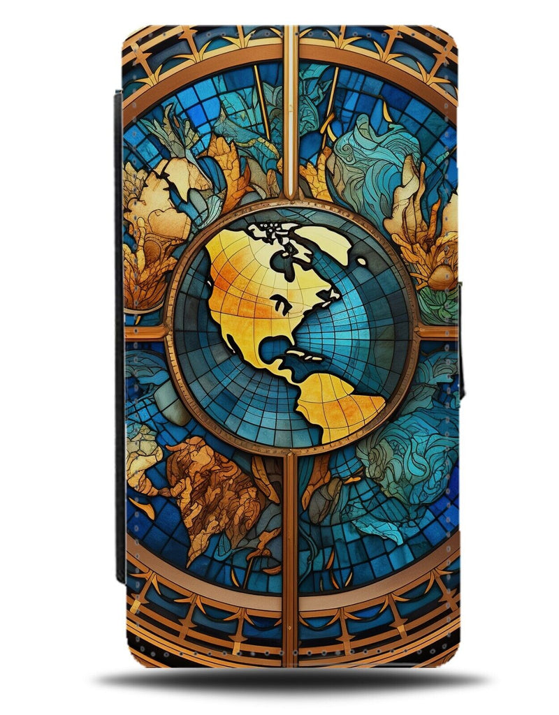Stained Window Glass World Map Design On Flip Wallet Case Maps Atlas Globe DF97