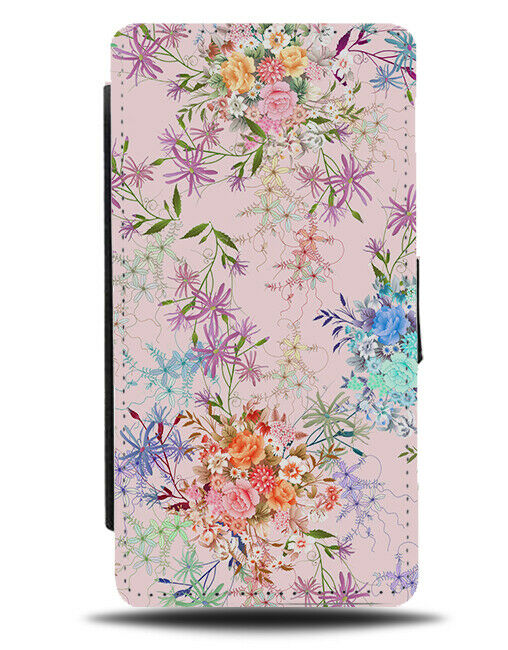 Pink Flowery Pattern Flip Wallet Case Design Flowers Floral Drawing Painted G844