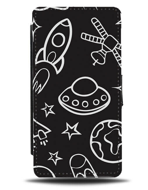 Black and White Space Drawing Flip Wallet Case Rocket Rockets UFO Stars E755
