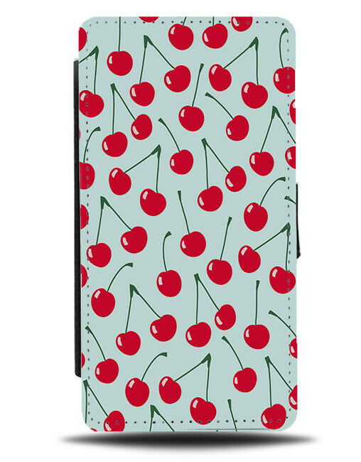 Pastel Blue and Red Cherries Flip Wallet Case Cherry Wallpaper Pattern F068