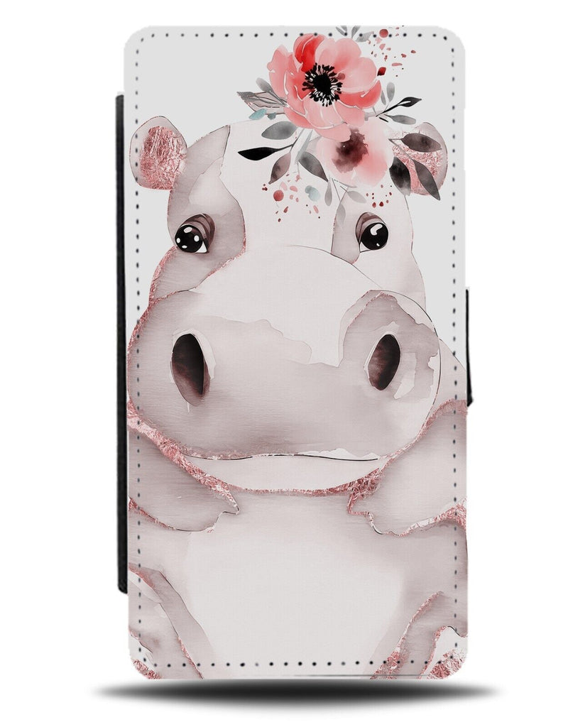 Hippo Rose Gold Flower Crown Flip Wallet Case Hippo Sketched Drawing CC39