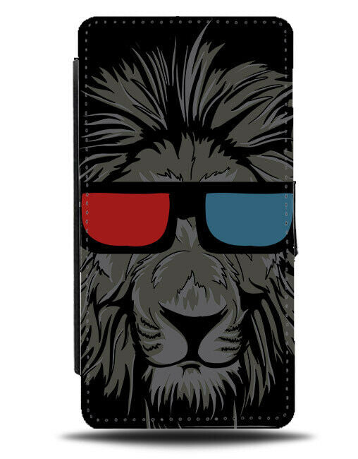 Retro Lion In 3D Glasses Flip Wallet Phone Case Lions Face Cartoon 80s E116