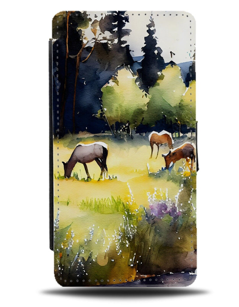 Horses In Meadow Flip Wallet Case Oil Painting Print Horse Field Fields AV01