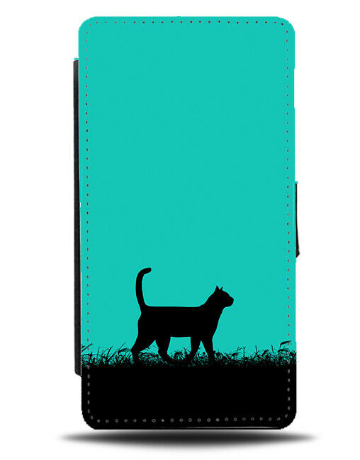 Cat Silhouette Flip Cover Wallet Phone Case Cats Kitten Turquoise Green i264