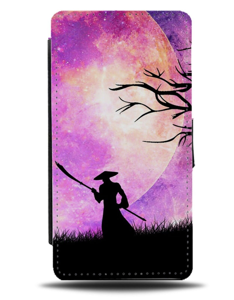 Japanese Warrior Flip Wallet Case Samurai Japan Fighter Silhouette Moon AU38