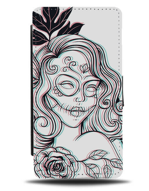 Trippy Effect Skull Flip Wallet Phone Case Skelton Pin Up Model Woman Girl E300