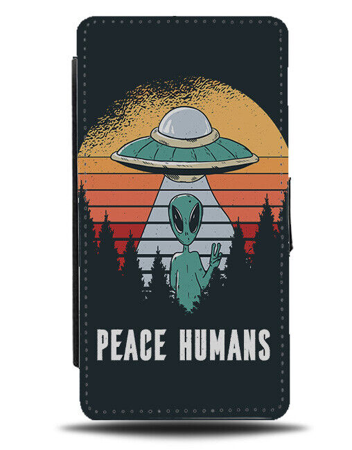 Peace Humans Flip Wallet Case Retro UFO Spaceship Abduction Cartoon Lights i930