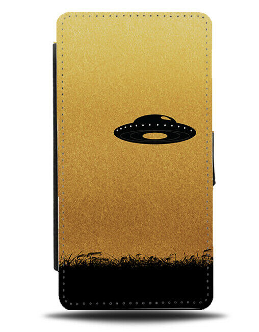UFO Silhouette Flip Cover Wallet Phone Case UFOs Gold Golden Aliens Alien I009