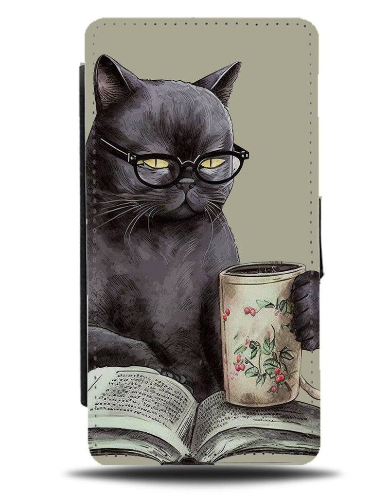 Bookworm Cat Flip Wallet Case Smart Geeky Old Lady Man Cats Black Coloured AF69