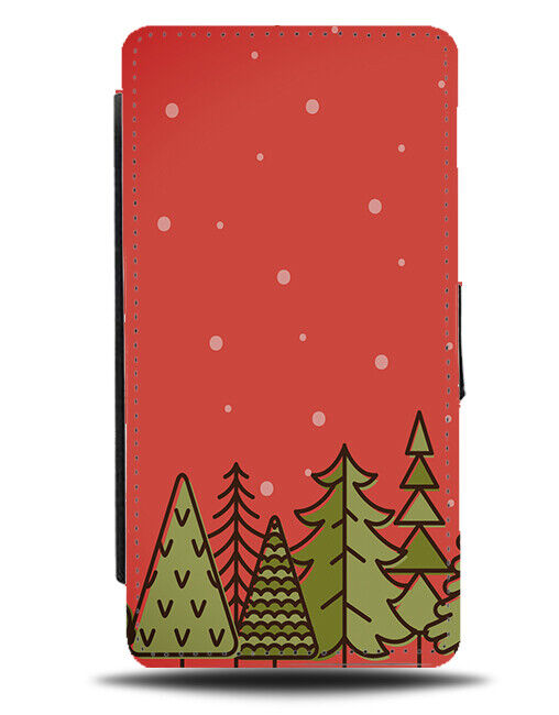 Red Sky Cartoon Christmas Scene Flip Wallet Case Background Landscape Trees N745