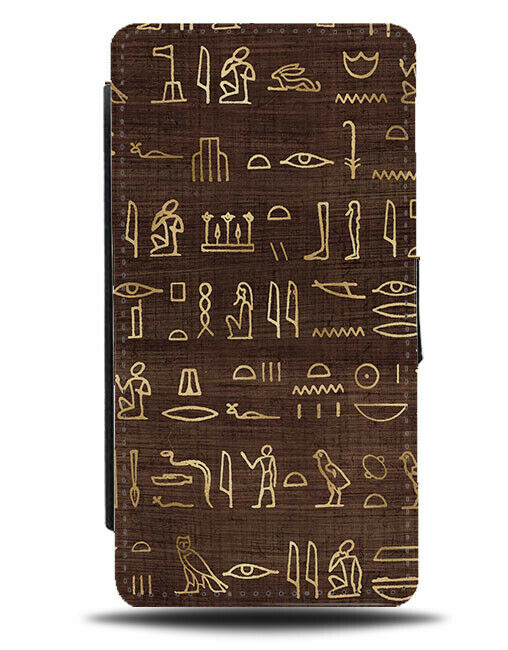 Brown and Gold Flip Wallet Case Egyptian Writing Wording Symbols Symbol F473