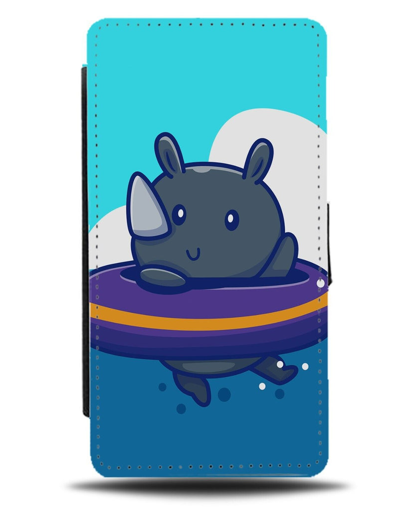 Swimming Rhino Flip Wallet Case Rhinos Rubber Ring Cartoon Swim Holiday CC37