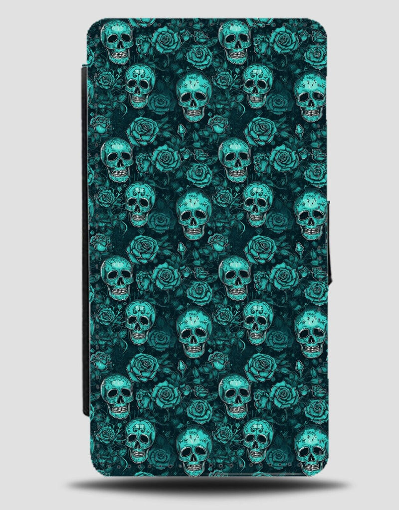 Dark Turquoise Green Gothic Skulls and Roses Flip Wallet Case Style Mint CE96