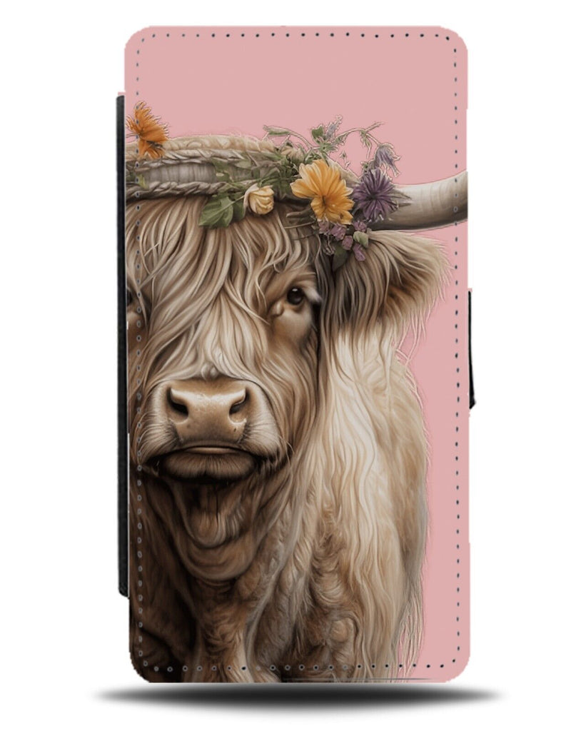 Pink Highland Cattle Cow Flip Wallet Case Cows Flower Crown Funny Girls CF73