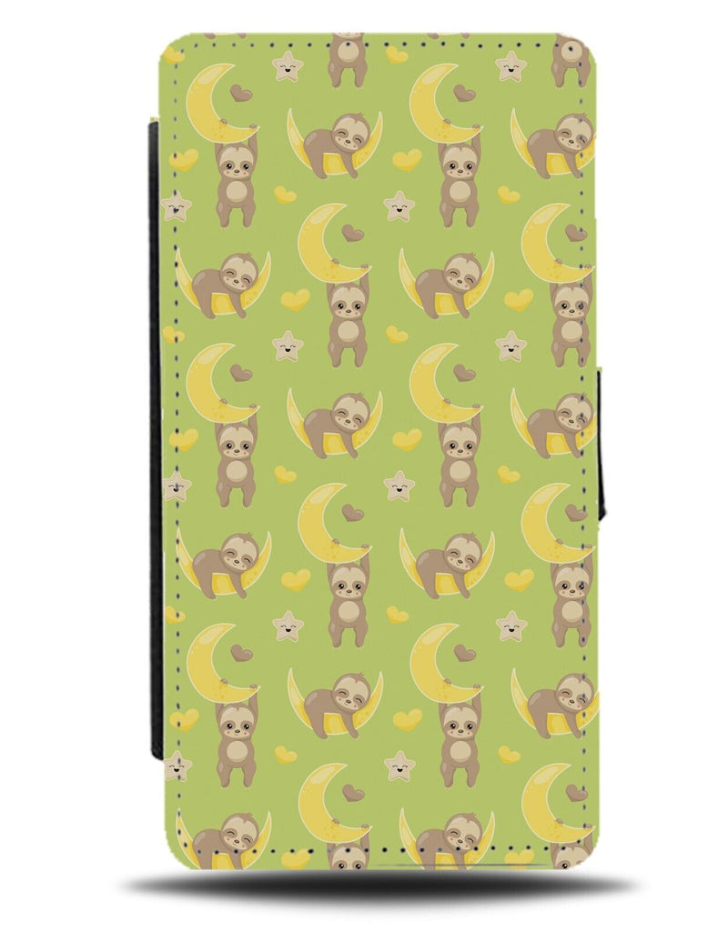 Children's Green and Yellow Moons Flip Wallet Case Sloths Kids Bedtime Bed CP57