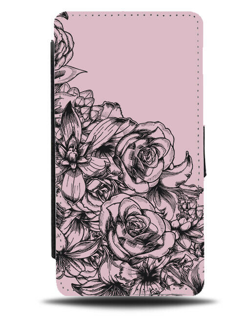 Pink Flower Drawing Print Artwork Flip Wallet Phone Case Art Flowers Floral E317