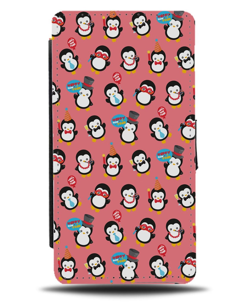 Happy New Year Penguins Flip Wallet Case Penguin Celebrating Years Eve Pink CF57
