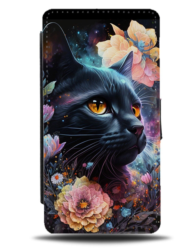 Black Cat In Space Floral Flip Wallet Case Cats Design Galaxy Bombay Face DF88