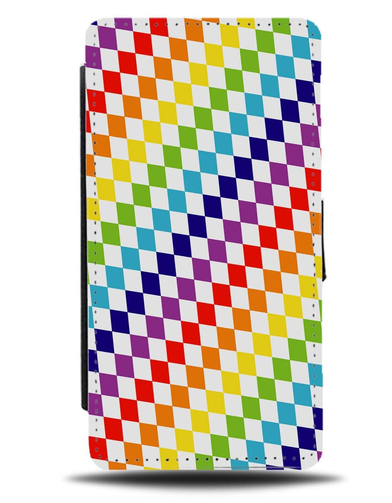 Colourful Chequered Pattern Flip Wallet Case Squares Multicolour Rainbow AZ19
