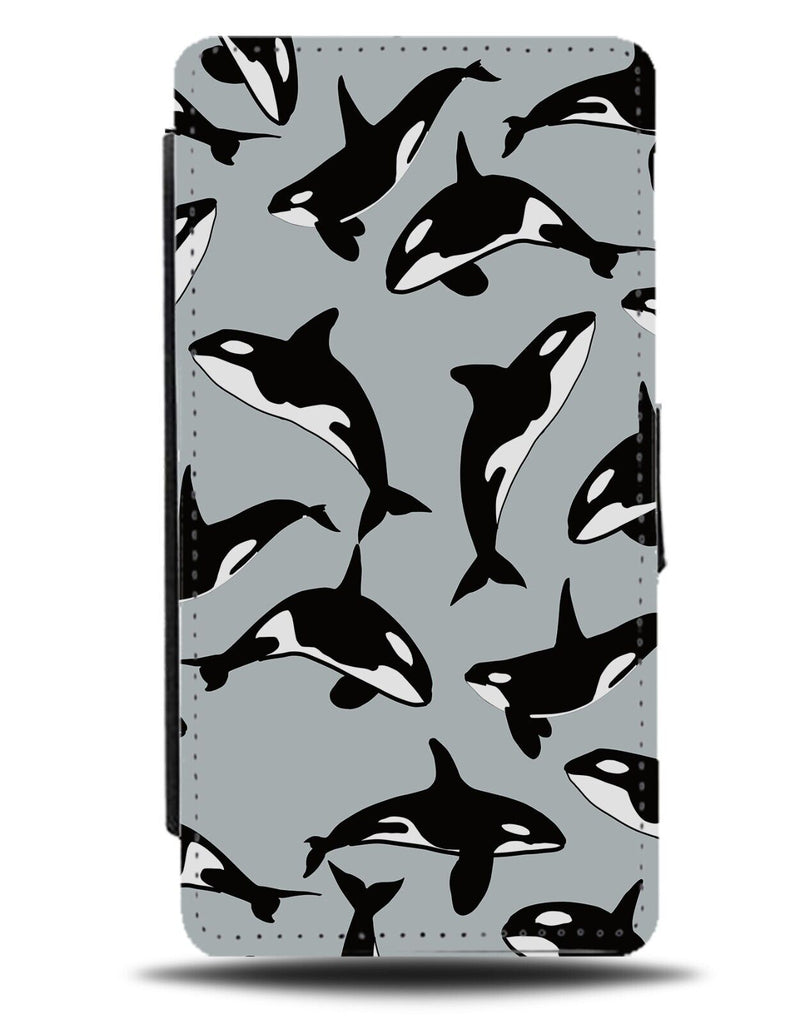 Grey Killer Whales Wallpaper Flip Wallet Case Whale Orcas Cartoon Print AX62