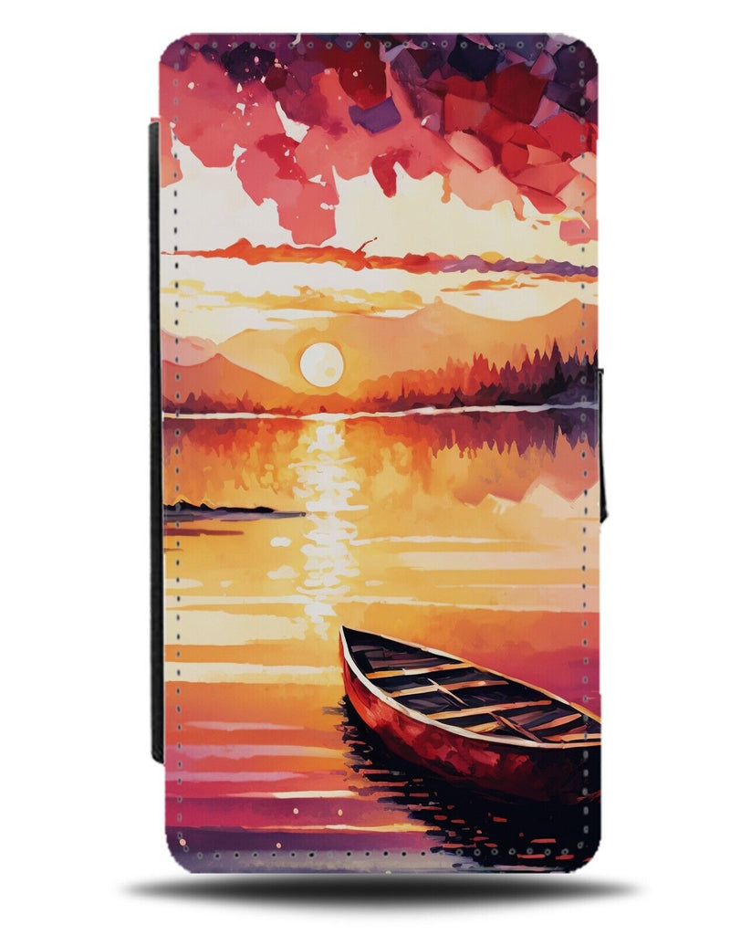 Boat On Water Sunset Painting Flip Wallet Case Sunrise Sun Set Rise Art BC62