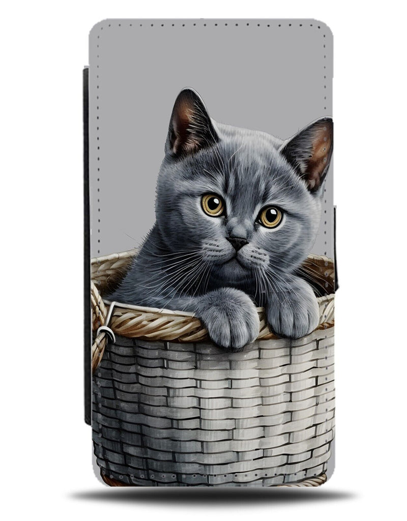 Cute Russian Blue Cat Flip Wallet Case. Cats Grey In Wicker Basket Photo DH65