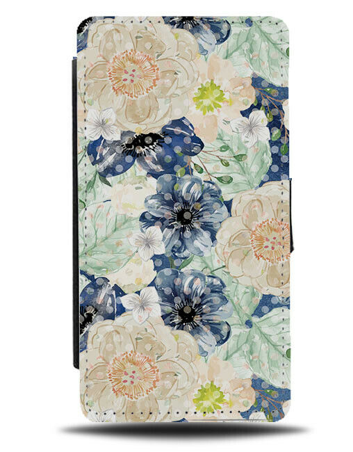 Floral Painting Flip Wallet Case Oil Painting Blue Flowers Peach Roses E882