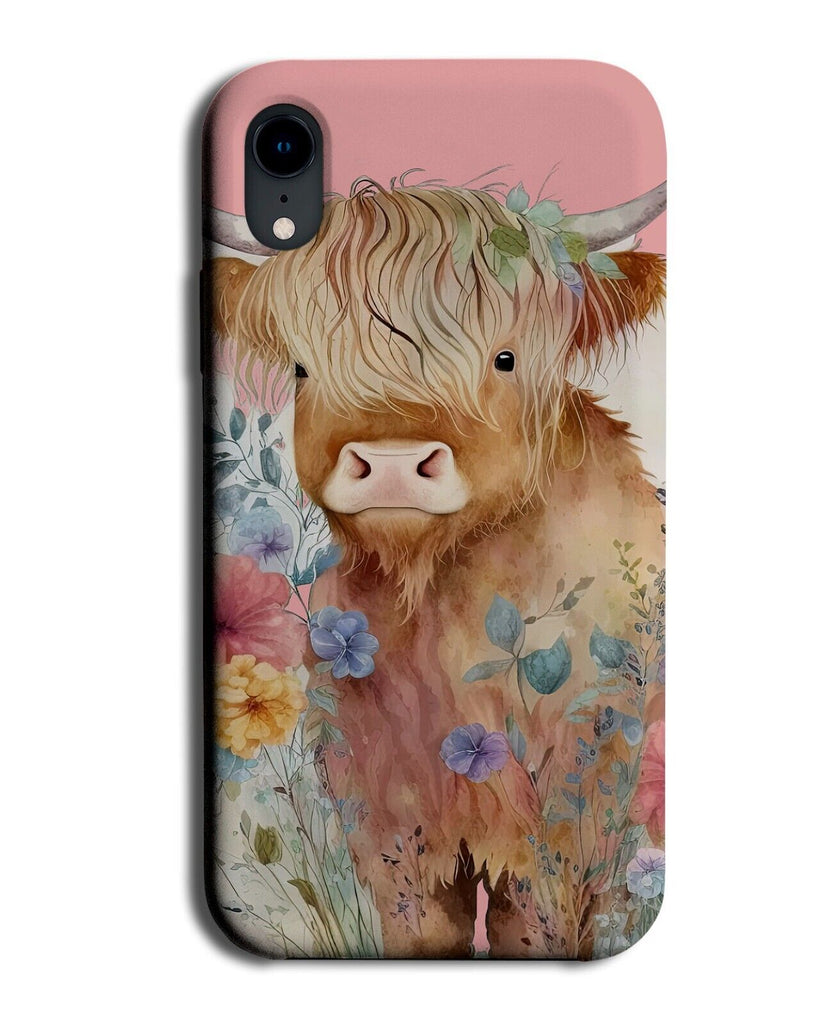 Highland Cow Phone Case Cover Flowers Scottish High Land Cattle Cows Pink AT31