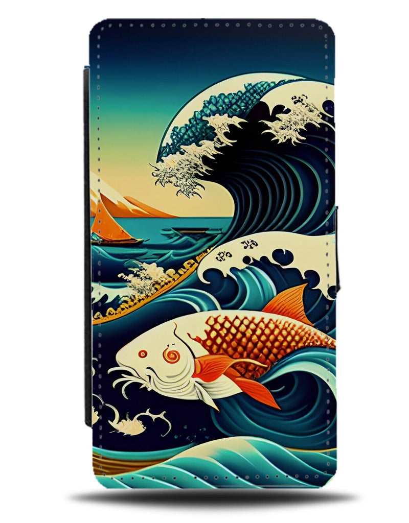 Japanese Koi Wave Flip Wallet Case Kois Fish Artwork Japan The Great Tidal BB82